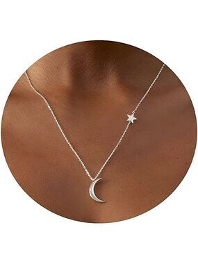Dainty Moon and Star Pendant Necklace for Women 14K Gold Crescent Moon Necklace
